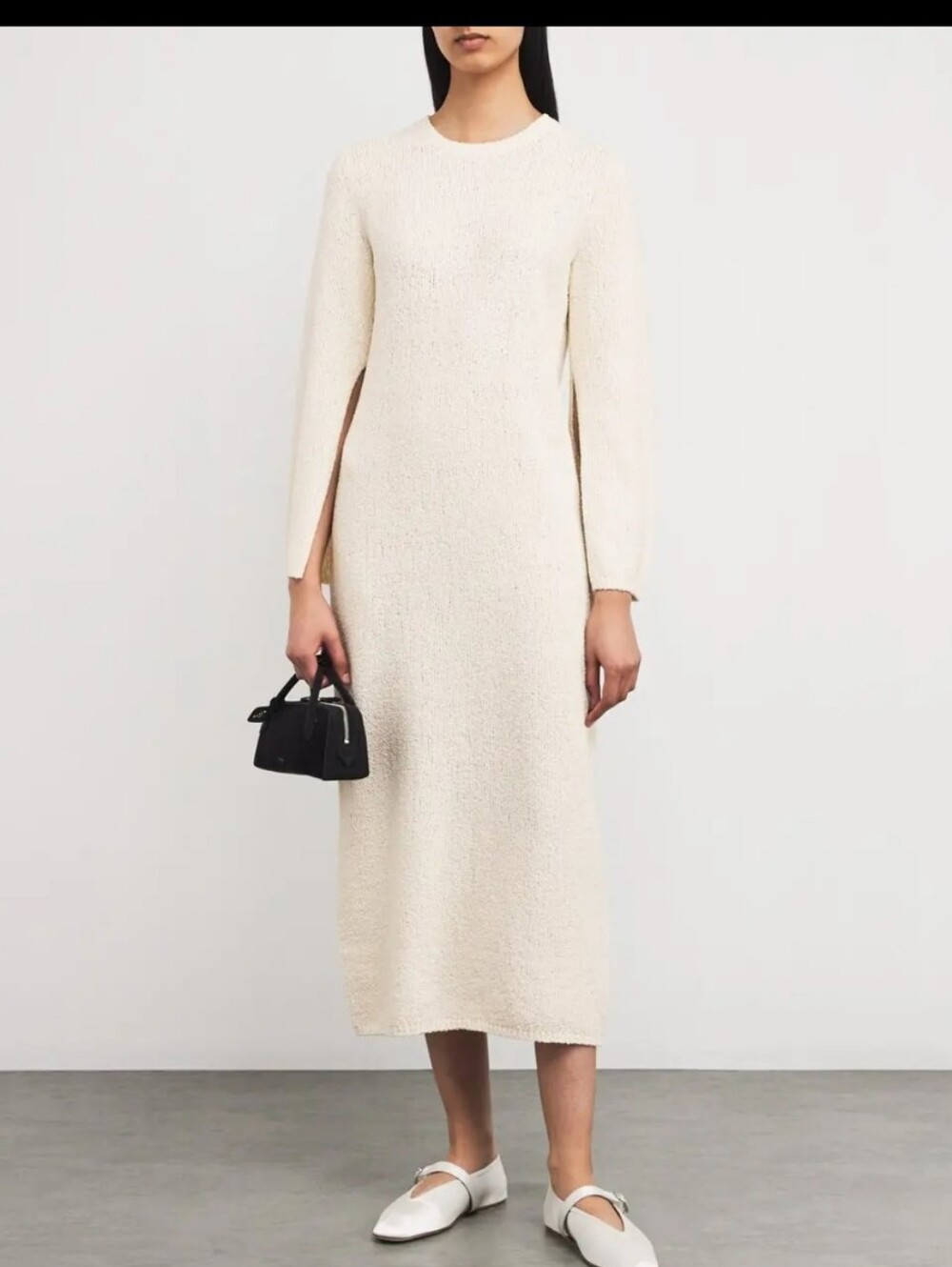 Theory Organic Cotton-Blend Cream Bouclé Knit Long Sleeve Midi Sweater Dress M